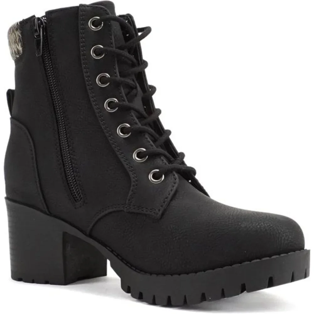 Women Black Winter Lug Sole‎ Chunky Heel Combat Ankle Boot Lace up w/Side Zipper